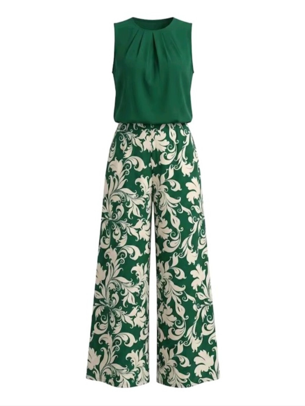 Women 2 Piece Dark Green Round Neck Pleated Sleeveless Top Baroque Floral Print